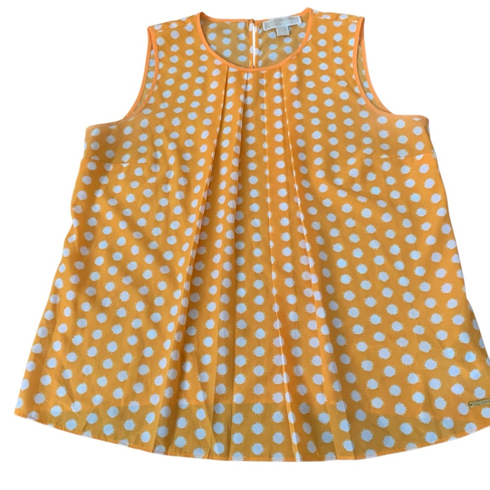 🌼 Michael Kors Flowy Golden Yellow & White Polka Dot Blouse, Size L EUC🌼